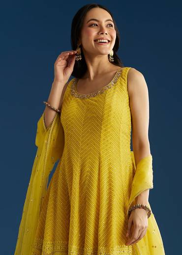 Yellow A Line Georgette Kurta Palazzo Suit