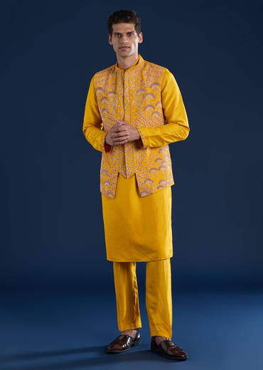 Yellow Banarasi Silk Jacket Kurta Set with Zardozi Work