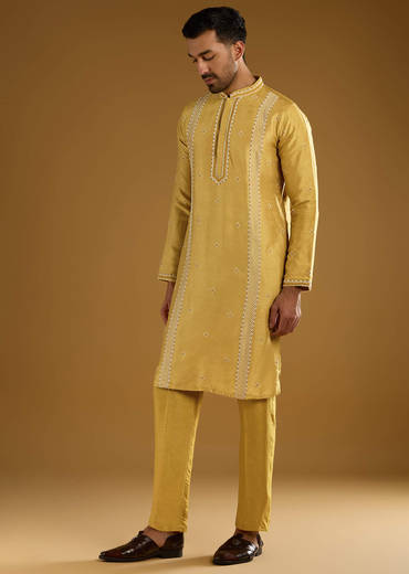 Yellow Banarasi Silk Kurta Set For Men With Resham Work
