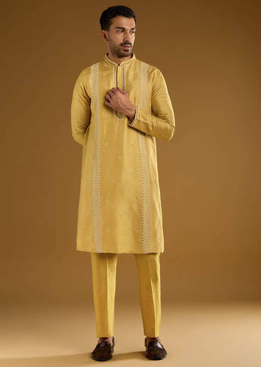 Yellow Banarasi Silk Kurta Set For Men With Resham Work