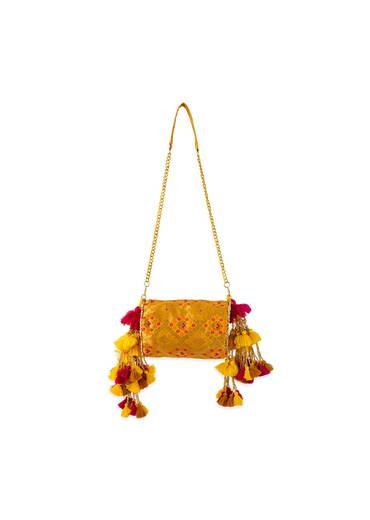Yellow Brocade Zari Work Kundan Bag with Tassel