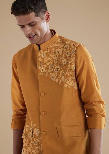 Yellow Chanderi Kurta Jacket Set With Dori Bead Work