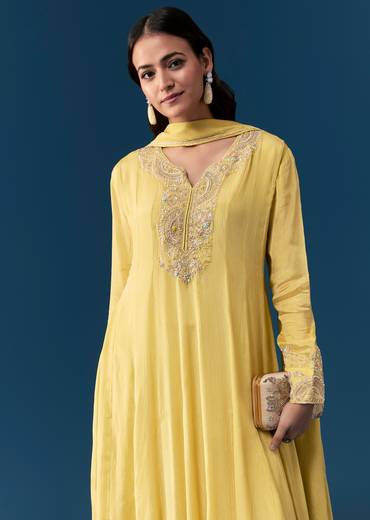 Yellow Chinon Anarkali Set With Moti And Cut Dana Work