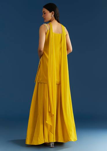 Yellow Chinon Kurta Palazzo Set With Choker Style Dupatta