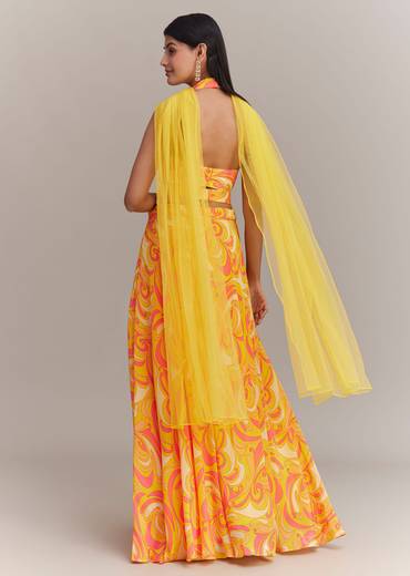 Yellow Crepe Abstract Printed Embroidered Lehenga Set