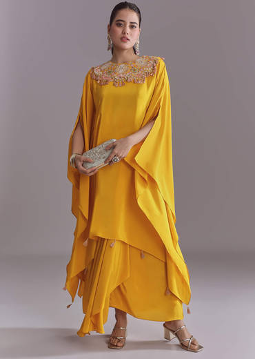 Yellow Crepe Kaftan Top And Drape Skirt Set With Embroidery