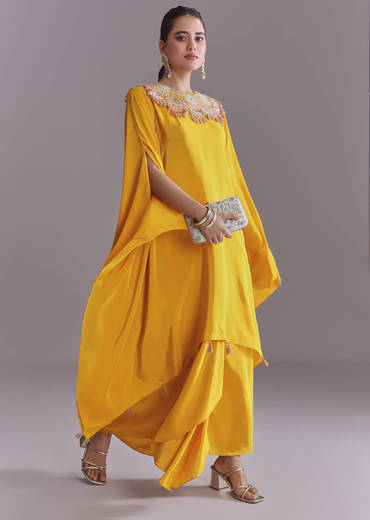 Yellow Crepe Kaftan Top And Drape Skirt Set With Embroidery