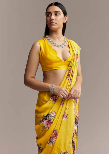 Yellow Crepe Saree With Floral Digital Print And Sequin Embroidery