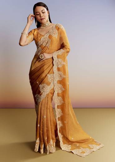 Yellow Crush Tissue Saree With Heavy Embroidered Border And Blouse