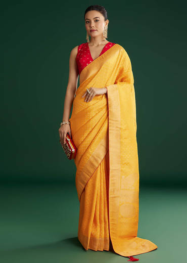 Yellow Dola Silk Saree With Butti Weave