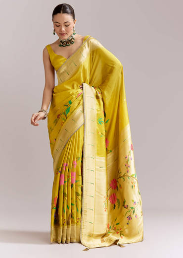 Yellow Dola Silk Woven Muniya Paithani Saree With Zari Border