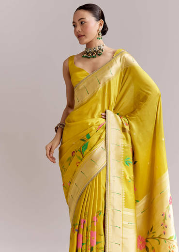 Yellow Dola Silk Woven Muniya Paithani Saree With Zari Border