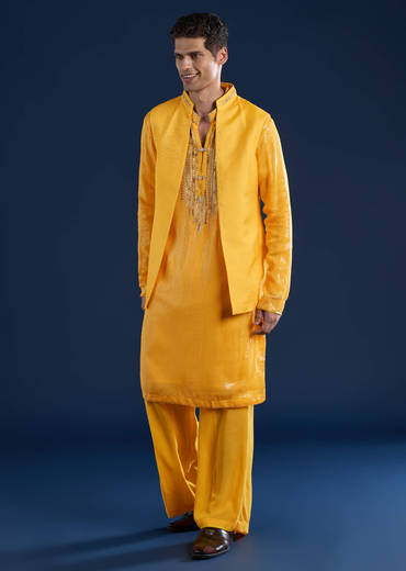 Yellow Embellished Kurta and Jacket Set