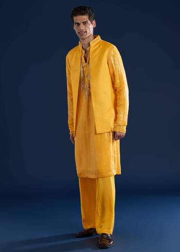 Yellow Embellished Kurta and Jacket Set