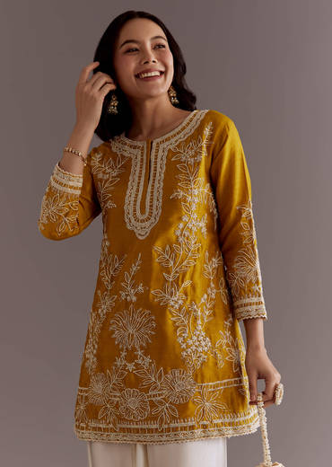 Yellow Embroidered Short Kurta With Silk Satin Dhoti