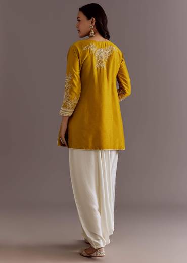 Yellow Embroidered Short Kurta With Silk Satin Dhoti