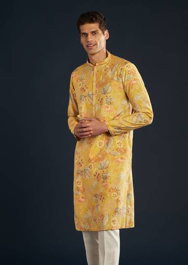 Yellow Silk Kurta Set with Floral print all over