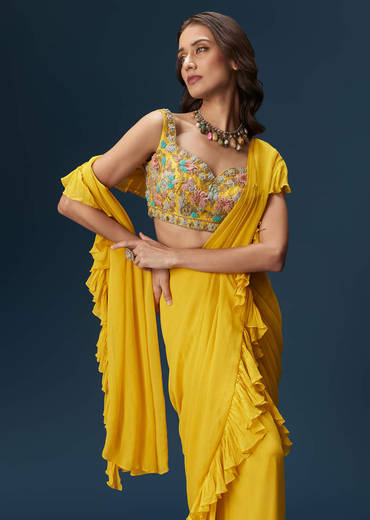 Yellow Frill Saree With Floral Embroidery
