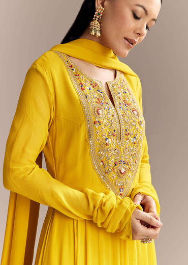 Yellow Georgette Anarkali Suit With Zari And Resham Work