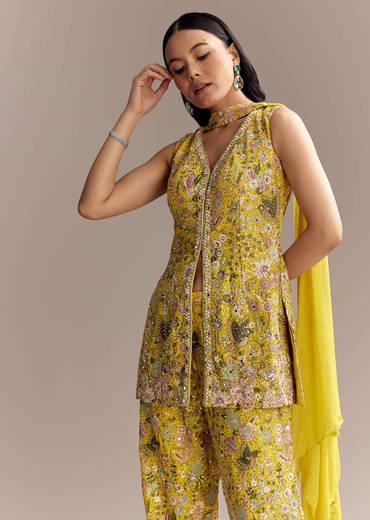 Yellow Georgette Palazzo Suit With Heavy Sequins And Resham Work