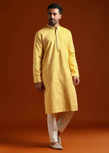 Yellow Jacquard Kurta Set For Men With Subtle Print