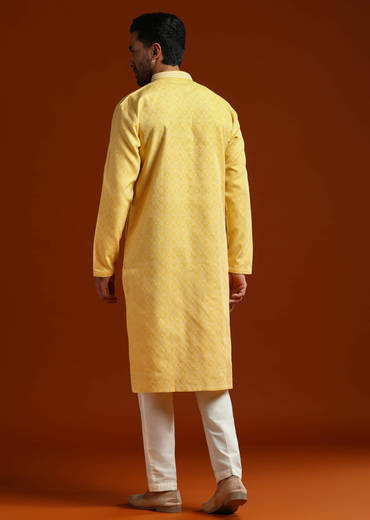 Yellow Jacquard Kurta Set For Men With Subtle Print