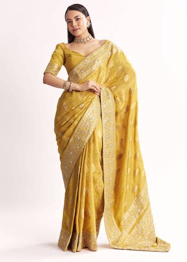 Yellow Jacquard Silk Saree With Woven Brocade Zari Work