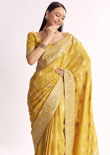 Yellow Jacquard Silk Saree With Woven Brocade Zari Work