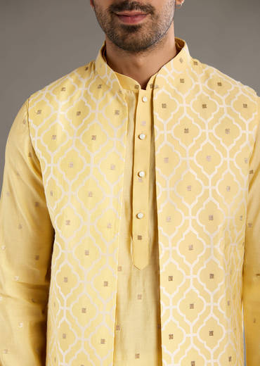 Yellow Kurta Jacket Set For Men With Hand Embroidery