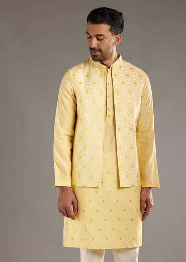 Yellow Kurta Jacket Set For Men With Hand Embroidery