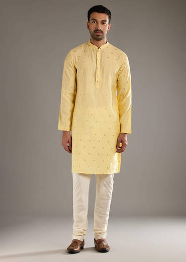 Yellow Kurta Jacket Set For Men With Hand Embroidery