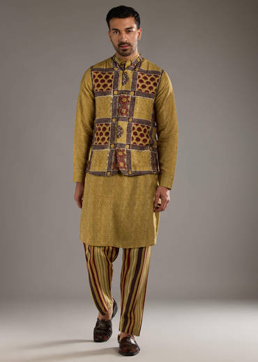 Yellow Linen Kurta Jacket Set For Men With Hand Block Ajrakh Print