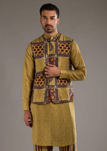 Yellow Linen Kurta Jacket Set For Men With Hand Block Ajrakh Print