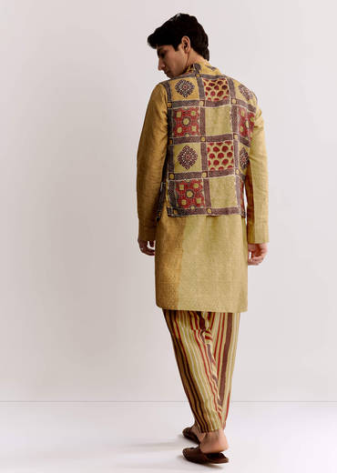 Yellow Linen Kurta Jacket Set With Ajrakh Print