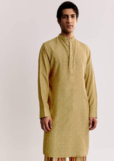 Yellow Linen Kurta Jacket Set With Ajrakh Print