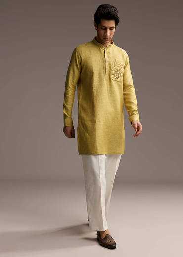 Yellow Linen Kurta Set For Men With Thread Hand Embroidery