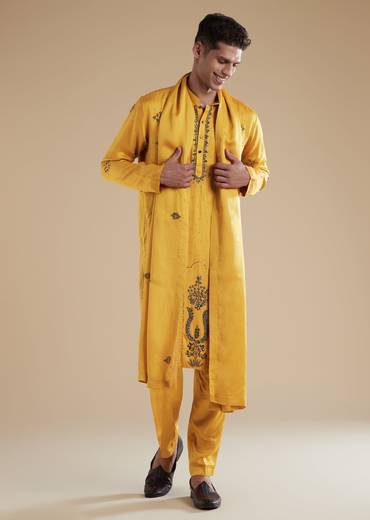 Yellow Linen Satin Mens Kurta Set with Metal Beads Detail Work
