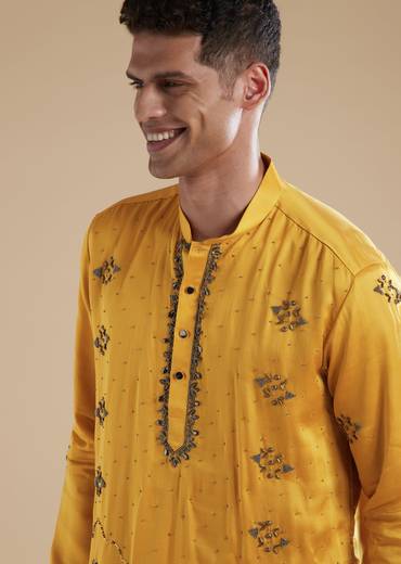 Yellow Linen Satin Mens Kurta Set with Metal Beads Detail Work