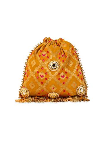 Yellow Mirror Embellished Silk Potli Bag