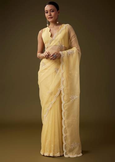 Yellow Organza Embroidered Saree with Unstitched Blouse