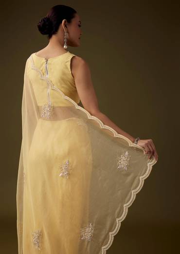 Yellow Organza Embroidered Saree with Unstitched Blouse