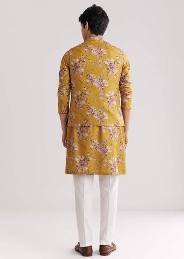 Yellow Pashmina Jacket Kurta Set With Stone Work