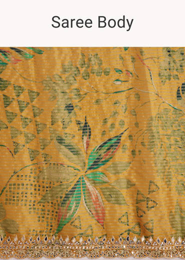 Yellow Printed Tissue Lurex Saree With Zari Mirror And Cutdana Embroidery