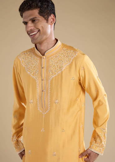 Yellow Resham Work Mens Kurta Set with Dupatta