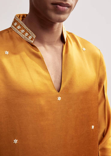 Yellow Satin Blend Kurta Set For Men With Hand Embroidered Buttis