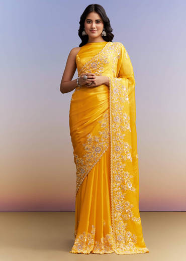 Yellow Satin Saree With Heavy Embroidered Details