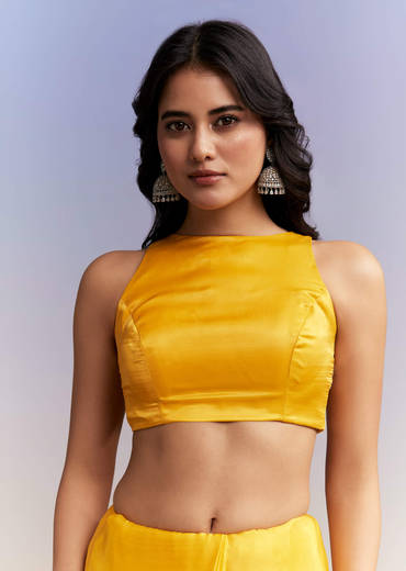 Yellow Satin Saree With Heavy Embroidered Details