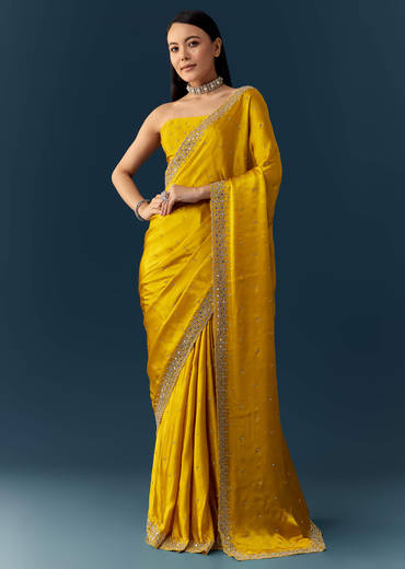 Yellow Satin Saree with Sequins and Unstitched Bouse
