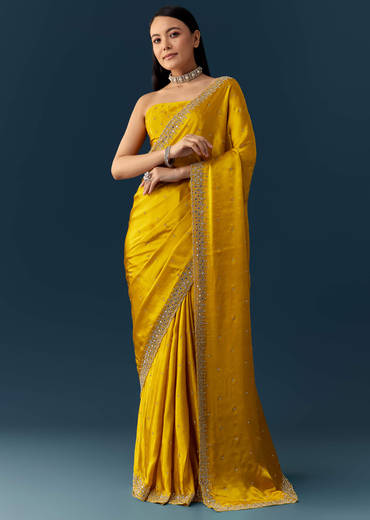 Yellow Satin Saree with Sequins and Unstitched Bouse