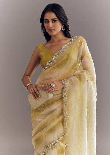 Yellow Shaded Glass Tissue Saree With Cutdana Embroidery And Scallop Border